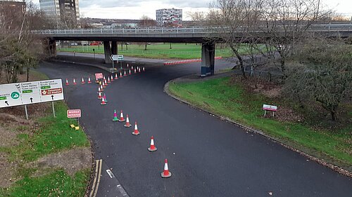 view of traffic cones blocking A167 flyover